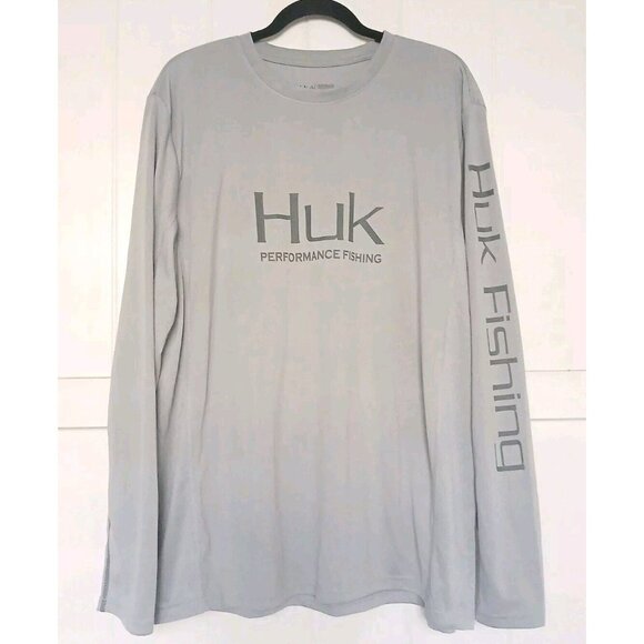 Huk Mens PURSUIT PERFORMANCE Crew Long Sleeve Fishing Logo Shirt XL Gray - Picture 2 of 10